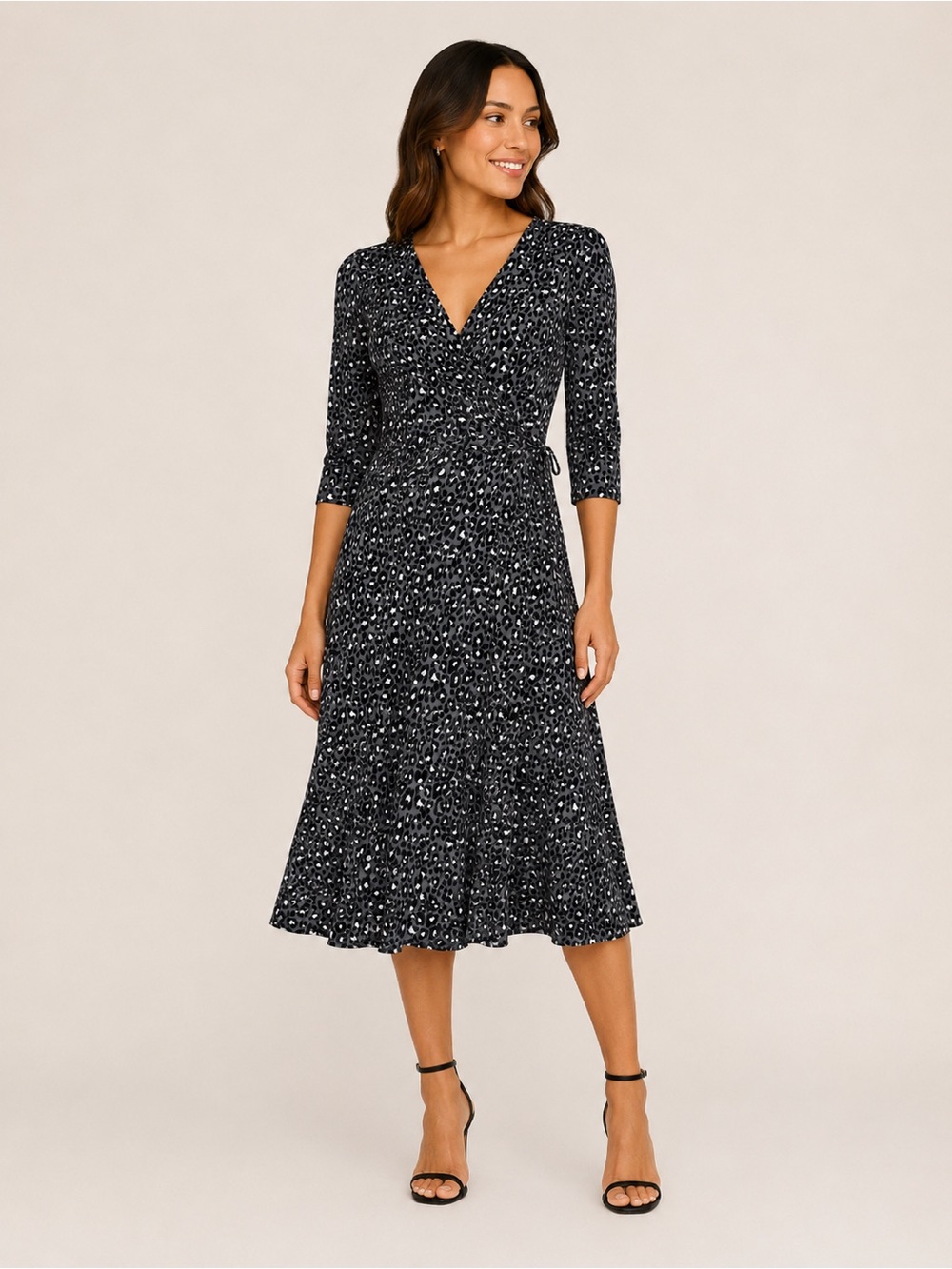 Leota Leopard Print Midi Wrap Dress Small Gray Black